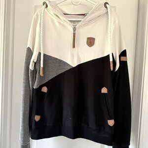 Wanakome Women's 1/2 Zip Hoodie "Roxy" Mix Black, Charcoal, Cream Sz Large EUC